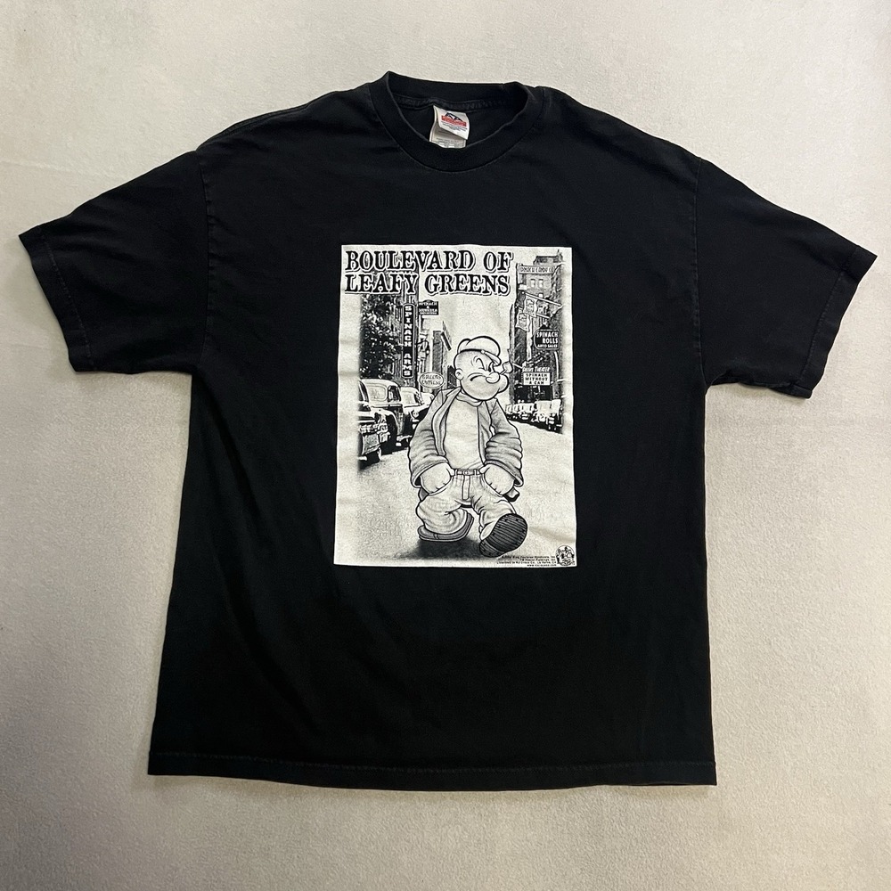 Vintage Popeye 2002 T-Shirt Men's Size XL Black Boulevard Of Leafy Greens Y2K